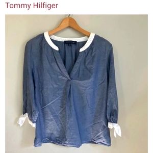 Bundle Tommy Hilfiger V-NeckBlouse, medium, Blue,Tie 3/4 Sleeve, 100% Cotton Top
